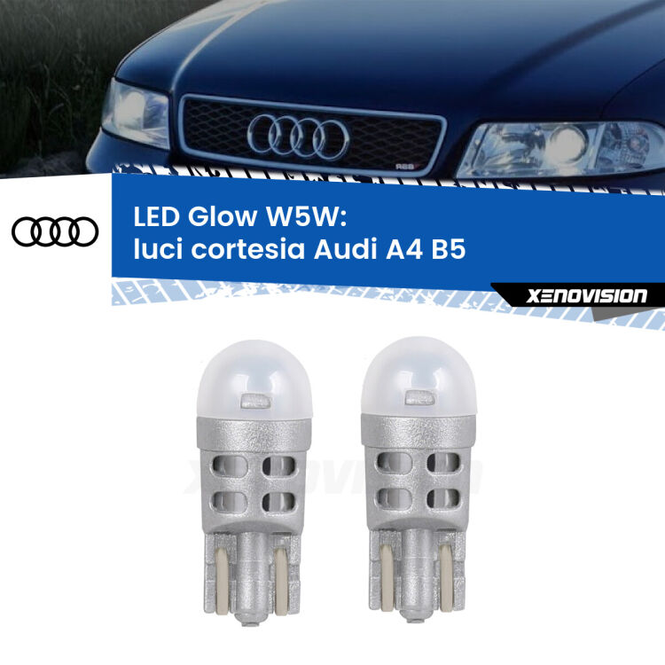 0 Luci Cortesia LED Audi A4 B5 posteriori: W5W Glow a Luce Calda <strong>Luci Cortesia LED luce calda per Audi A4</strong> B5 posteriori. Coppia lampade <strong>W5W</strong> modello Glow di Xenovision.