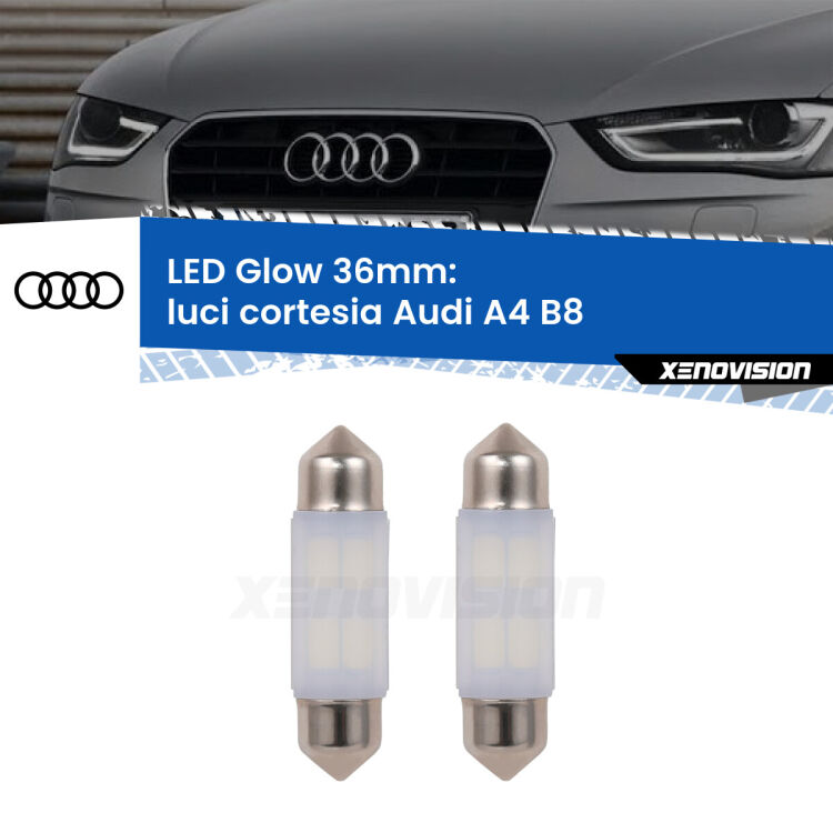 Luci Cortesia LED Audi A4 B8 2007 - 2015: C5W Glow a Luce Calda (Coppia) <strong>Luci Cortesia LED luce calda per Audi A4</strong> B8 2007 - 2015. Coppia lampade <strong>C5W</strong> 36mm modello Glow di Xenovision.