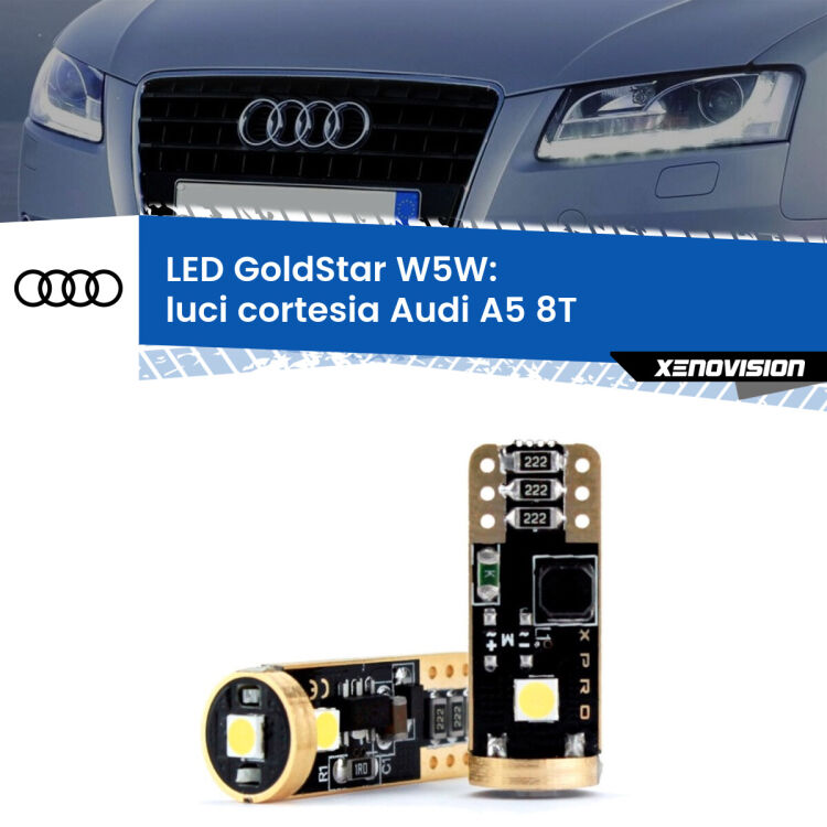 0 Luci Cortesia LED Audi A5 8T posteriori: T10 GoldStar <strong>Luci Cortesia LED Audi A5</strong> 8T posteriori: ottima luminosità a 360 gradi. Si inseriscono ovunque. Canbus, Top Quality.