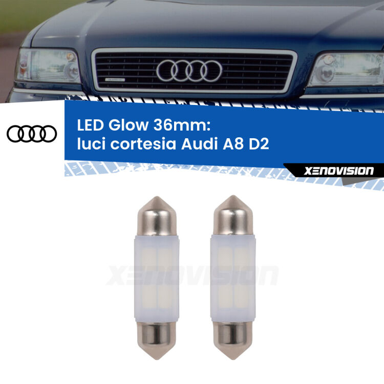 Luci Cortesia LED Audi A8 D2 posteriori: C5W Glow a Luce Calda (Coppia) <strong>Luci Cortesia LED luce calda per Audi A8</strong> D2 posteriori. Coppia lampade <strong>C5W</strong> 36mm modello Glow di Xenovision.