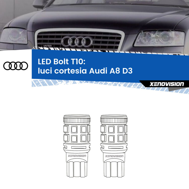 0 Luci Cortesia LED Audi A8 D3 2002 - 2009: T10 Bolt <strong>Luci Cortesia LED per Audi A8</strong> D3 2002 - 2009. Coppia lampade <strong>T10</strong> modello Bolt canbus.