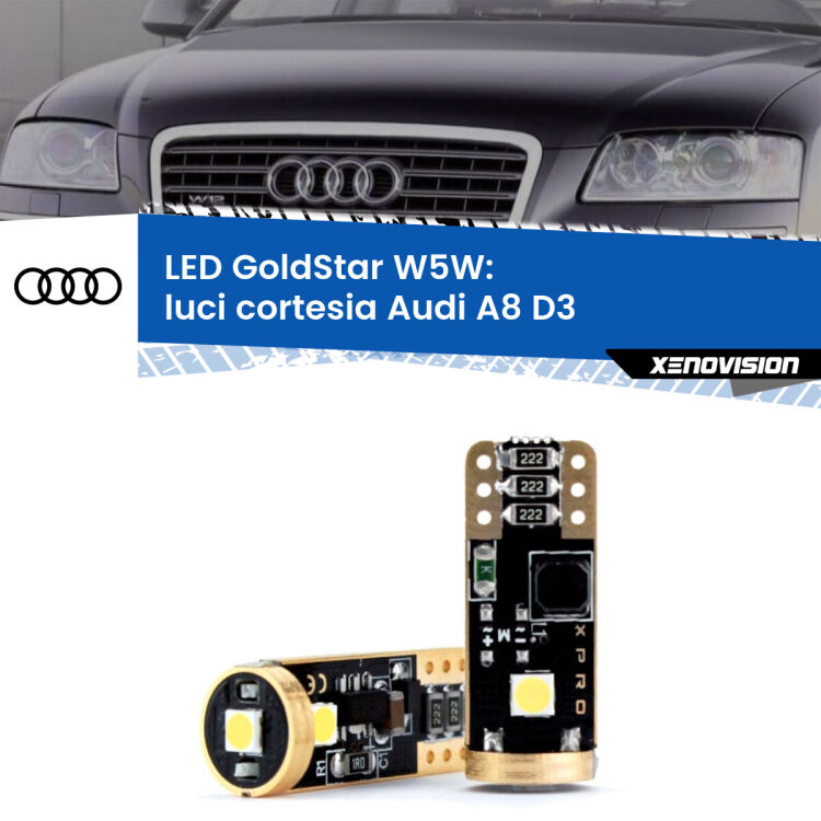 0 Luci Cortesia LED Audi A8 D3 2002 - 2009: T10 GoldStar <strong>Luci Cortesia LED Audi A8</strong> D3 2002 - 2009: ottima luminosità a 360 gradi. Si inseriscono ovunque. Canbus, Top Quality.