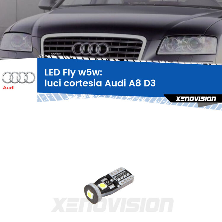 <strong>luci cortesia LED per Audi A8</strong> D3 2002 - 2009. Coppia lampadine <strong>w5w</strong> Canbus compatte modello Fly Xenovision.