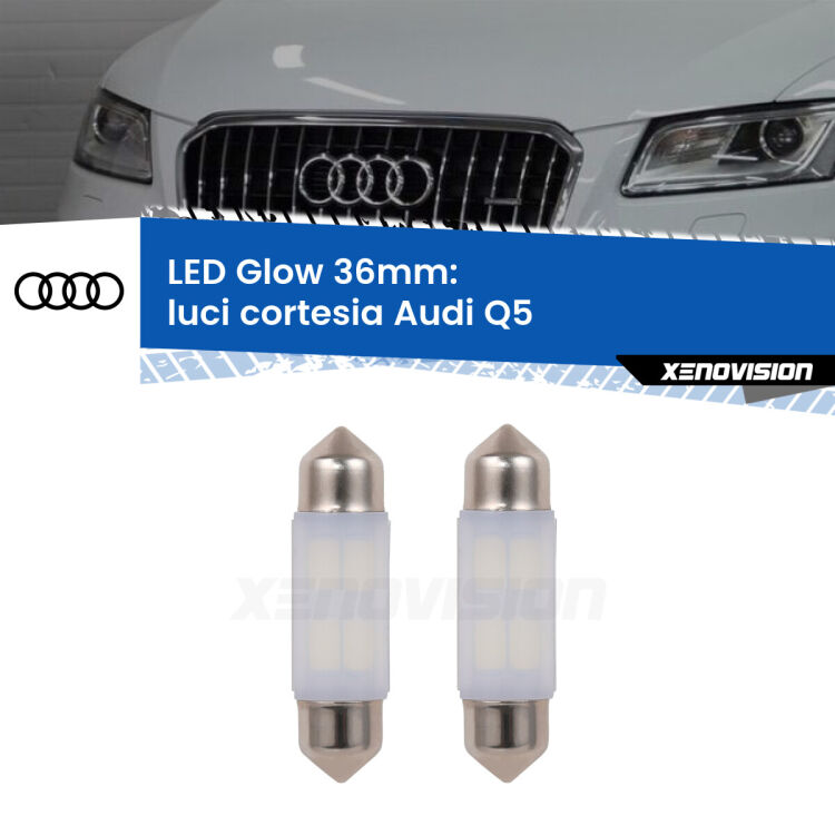 0 Luci Cortesia LED Audi Q5 2008 - 2017: C5W Glow a Luce Calda (Coppia) <strong>Luci Cortesia LED luce calda per Audi Q5</strong> 2008 - 2017. Coppia lampade <strong>C5W</strong> 36mm modello Glow di Xenovision.