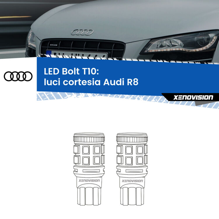 0 Luci Cortesia LED Audi R8 2007 - 2015: T10 Bolt <strong>Luci Cortesia LED per Audi R8</strong> 2007 - 2015. Coppia lampade <strong>T10</strong> modello Bolt canbus.
