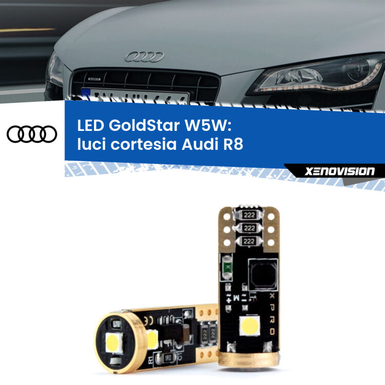 0 Luci Cortesia LED Audi R8 2007 - 2015: T10 GoldStar <strong>Luci Cortesia LED Audi R8</strong> 2007 - 2015: ottima luminosità a 360 gradi. Si inseriscono ovunque. Canbus, Top Quality.