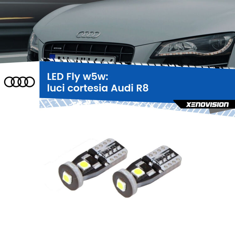 0 Luci Cortesia LED Audi R8 2007 - 2015: W5W Fly <strong>luci cortesia LED per Audi R8</strong> 2007 - 2015. Coppia lampadine <strong>w5w</strong> Canbus compatte modello Fly Xenovision.