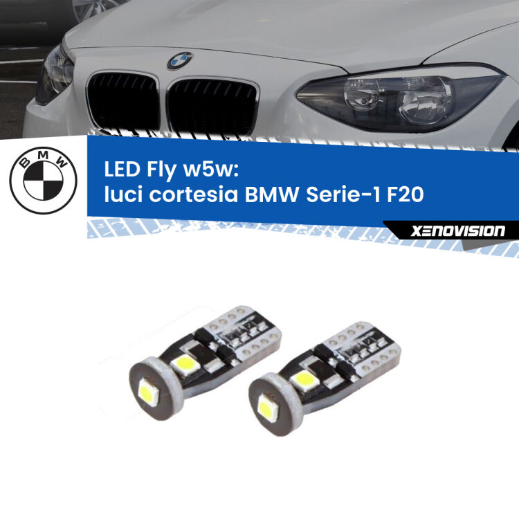 0 Luci Cortesia LED BMW Serie-1 F20 2010 - 2019: W5W Fly <strong>luci cortesia LED per BMW Serie-1</strong> F20 2010 - 2019. Coppia lampadine <strong>w5w</strong> Canbus compatte modello Fly Xenovision.