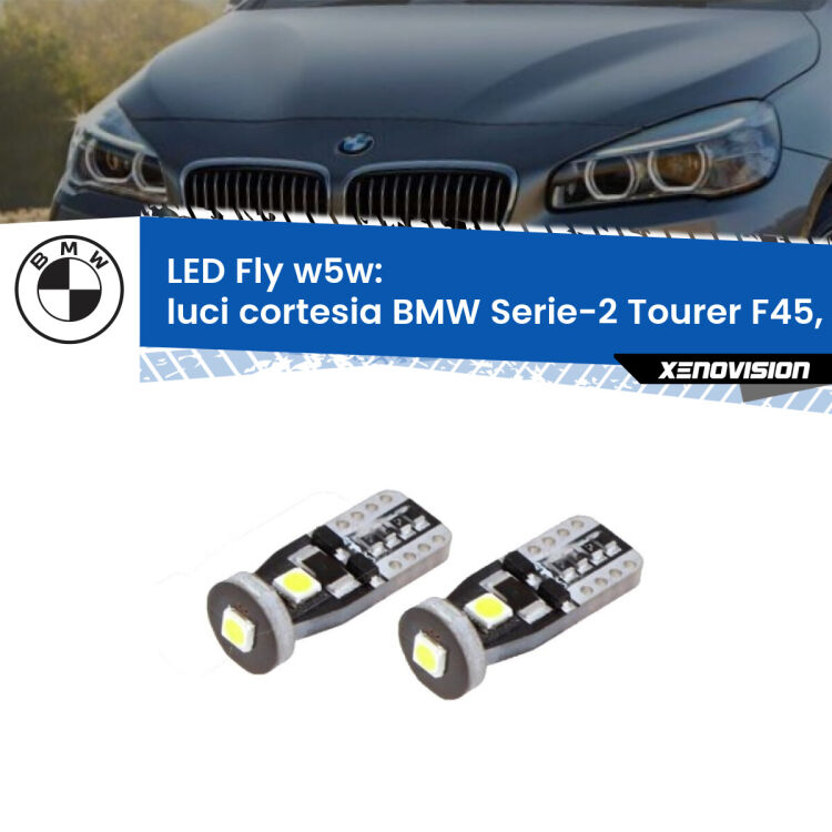 0 Luci Cortesia LED BMW Serie-2 Tourer F45, F46 2014 - 2018: W5W Fly <strong>luci cortesia LED per BMW Serie-2 Tourer</strong> F45, F46 2014 - 2018. Coppia lampadine <strong>w5w</strong> Canbus compatte modello Fly Xenovision.