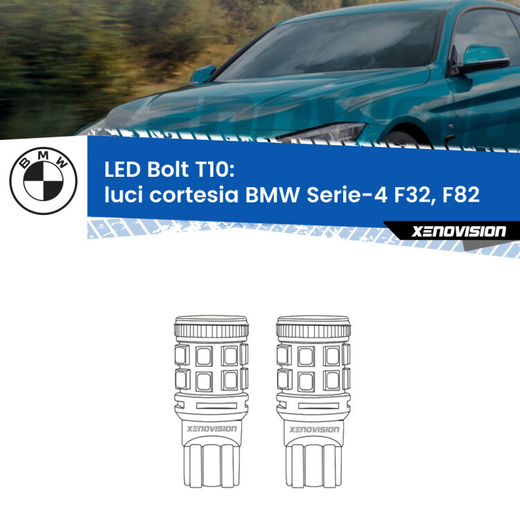 0 Luci Cortesia LED BMW Serie-4 F32, F82 posteriori: T10 Bolt <strong>Luci Cortesia LED per BMW Serie-4</strong> F32, F82 posteriori. Coppia lampade <strong>T10</strong> modello Bolt canbus.