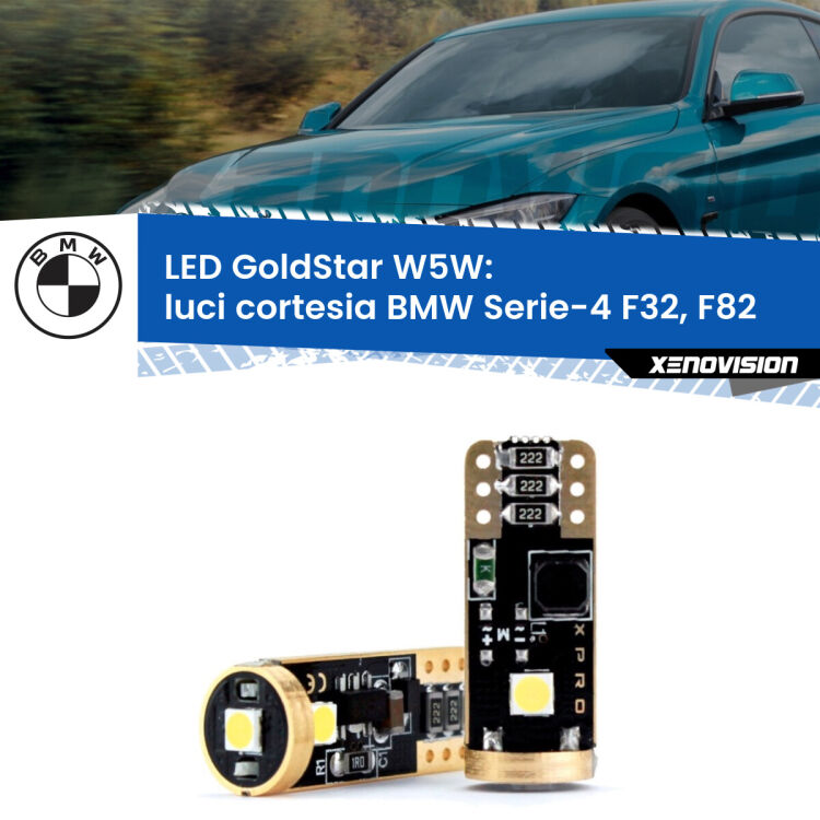 0 Luci Cortesia LED BMW Serie-4 F32, F82 posteriori: T10 GoldStar <strong>Luci Cortesia LED BMW Serie-4</strong> F32, F82 posteriori: ottima luminosità a 360 gradi. Si inseriscono ovunque. Canbus, Top Quality.