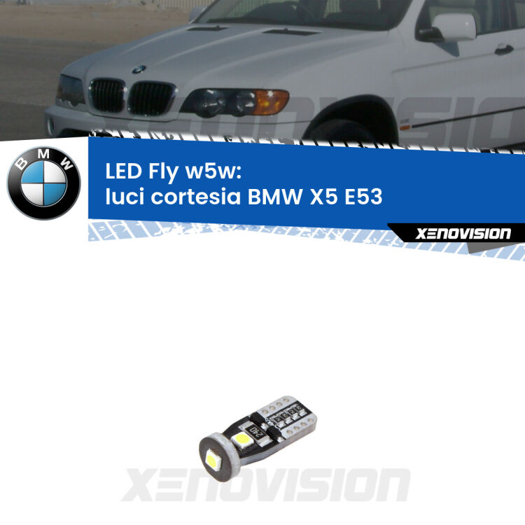 <strong>luci cortesia LED per BMW X5</strong> E53 1999 - 2005. Coppia lampadine <strong>w5w</strong> Canbus compatte modello Fly Xenovision.