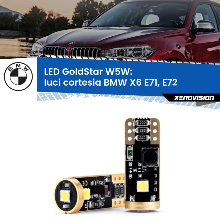 0 Luci Cortesia LED BMW X6 E71, E72 2008 - 2014: T10 GoldStar <strong>Luci Cortesia LED BMW X6</strong> E71, E72 2008 - 2014: ottima luminosità a 360 gradi. Si inseriscono ovunque. Canbus, Top Quality.