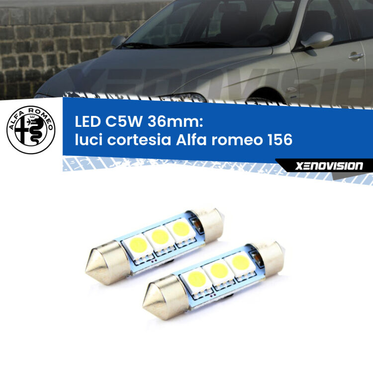 0 Luci Cortesia LED c5w 36mm Alfa romeo 156  1997 - 2005 (Coppia) <strong>Luci Cortesia LED per Alfa romeo 156</strong>  1997 - 2005. Coppia lampade <strong>C5W</strong> 36mm estremamente longeve.