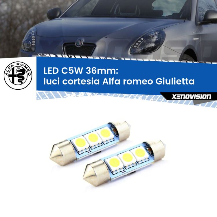 Luci Cortesia LED c5w 36mm Alfa romeo Giulietta  Posteriori (Coppia) <strong>Luci Cortesia LED per Alfa romeo Giulietta</strong>  Posteriori. Coppia lampade <strong>C5W</strong> 36mm estremamente longeve.