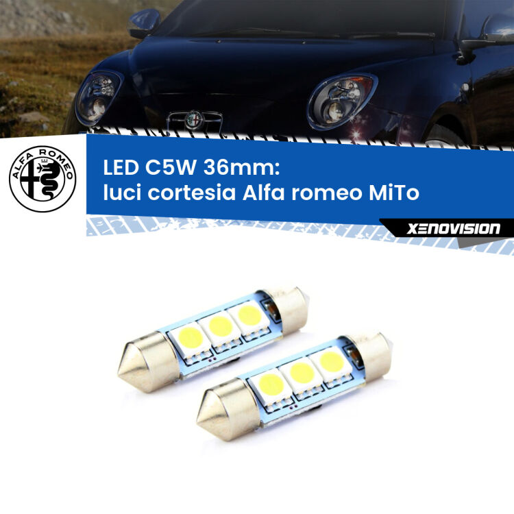 0 Luci Cortesia LED c5w 36mm Alfa romeo MiTo 2008 - 2018 (Coppia) <strong>Luci Cortesia LED per Alfa romeo MiTo</strong> 2008 - 2018. Coppia lampade <strong>C5W</strong> 36mm estremamente longeve.