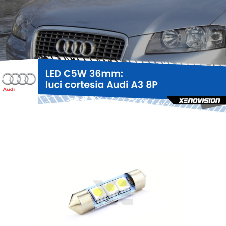 LED Luci Cortesia Audi A3 8P posteriori. Una lampadina led innesto C5W 36mm canbus estremamente longeva.