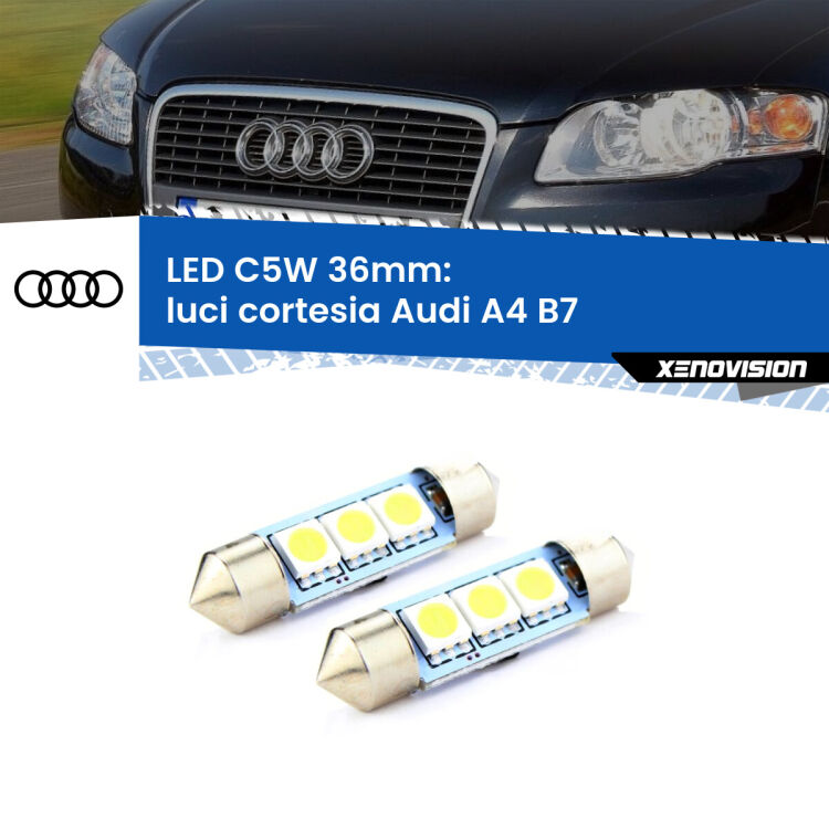 0 Luci Cortesia LED c5w 36mm Audi A4 B7 posteriori (Coppia) <strong>Luci Cortesia LED per Audi A4</strong> B7 posteriori. Coppia lampade <strong>C5W</strong> 36mm estremamente longeve.