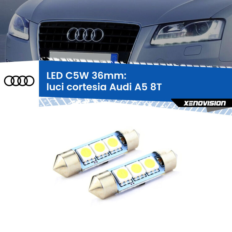 0 Luci Cortesia LED c5w 36mm Audi A5 8T anteriori (Coppia) <strong>Luci Cortesia LED per Audi A5</strong> 8T anteriori. Coppia lampade <strong>C5W</strong> 36mm estremamente longeve.