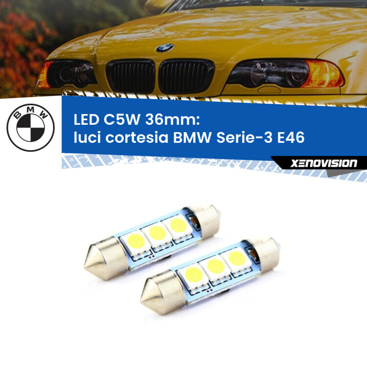 0 Luci Cortesia LED c5w 36mm BMW Serie-3 E46 anteriori (Coppia) <strong>Luci Cortesia LED per BMW Serie-3</strong> E46 anteriori. Coppia lampade <strong>C5W</strong> 36mm estremamente longeve.