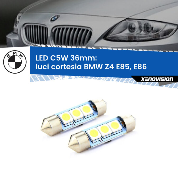 0 Luci Cortesia LED c5w 36mm BMW Z4 E85, E86 2003 - 2008 (Coppia) <strong>Luci Cortesia LED per BMW Z4</strong> E85, E86 2003 - 2008. Coppia lampade <strong>C5W</strong> 36mm estremamente longeve.