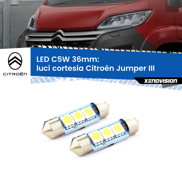 0 Luci Cortesia LED c5w 36mm Citroën Jumper III in poi (Coppia) <strong>Luci Cortesia LED per Citroën Jumper</strong> III in poi. Coppia lampade <strong>C5W</strong> 36mm estremamente longeve.