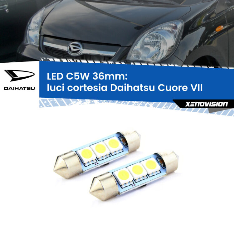 0 Luci Cortesia LED c5w 36mm Daihatsu Cuore VII 2007 - 2018 (Coppia) <strong>Luci Cortesia LED per Daihatsu Cuore VII</strong> 2007 - 2018. Coppia lampade <strong>C5W</strong> 36mm estremamente longeve.