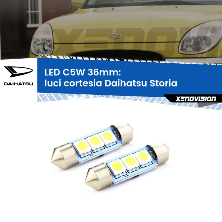 0 Luci Cortesia LED c5w 36mm Daihatsu Storia 1998 - 2005 (Coppia) <strong>Luci Cortesia LED per Daihatsu Storia</strong> 1998 - 2005. Coppia lampade <strong>C5W</strong> 36mm estremamente longeve.