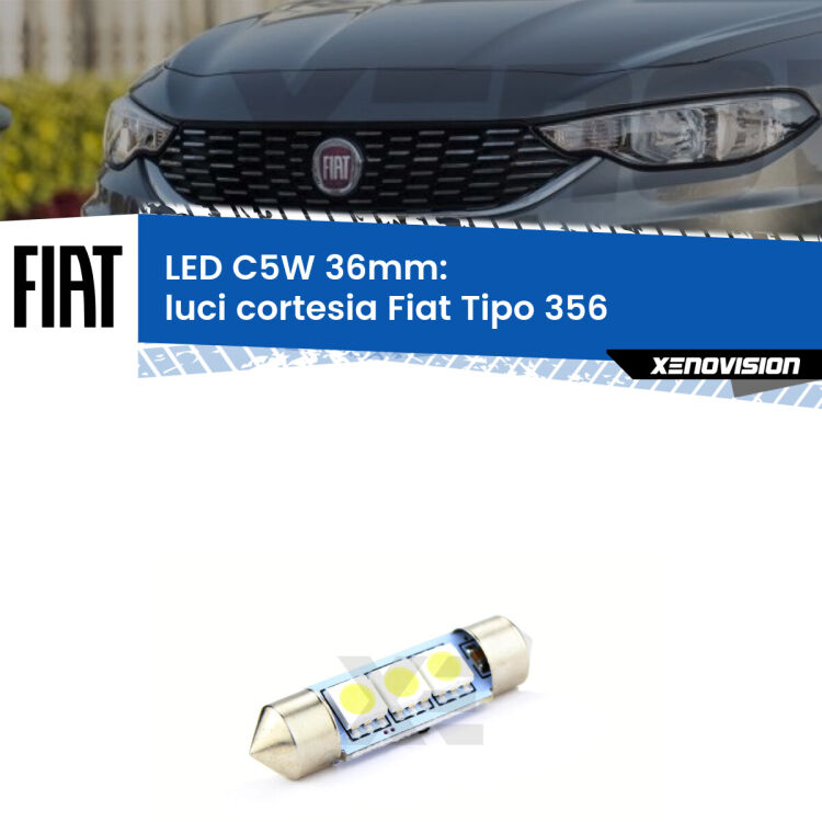 0 Luci Cortesia LED c5w 36mm Fiat Tipo 356 2015 in poi (Coppia) <strong>Luci Cortesia LED per Fiat Tipo</strong> 356 2015 in poi. Coppia lampade <strong>C5W</strong> 36mm estremamente longeve.