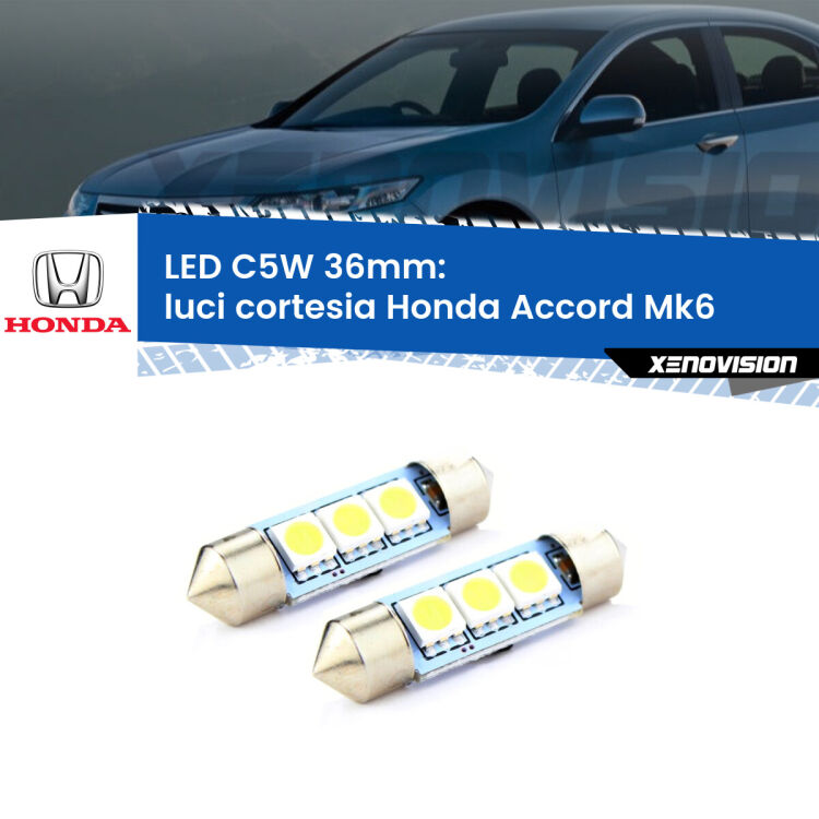 0 Luci Cortesia LED c5w 36mm Honda Accord Mk6 1997 - 2002 (Coppia) <strong>Luci Cortesia LED per Honda Accord</strong> Mk6 1997 - 2002. Coppia lampade <strong>C5W</strong> 36mm estremamente longeve.