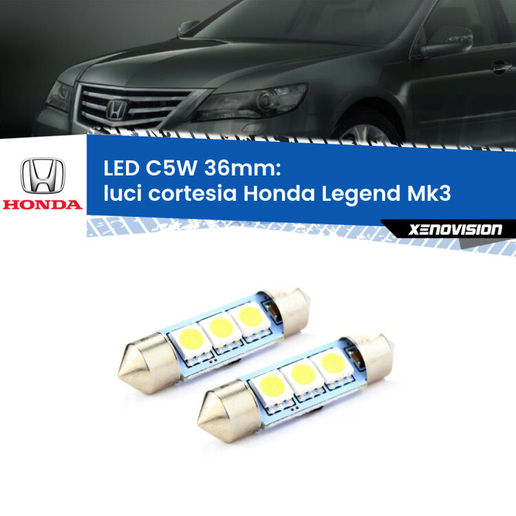 0 Luci Cortesia LED c5w 36mm Honda Legend Mk3 1996 - 2004 (Coppia) <strong>Luci Cortesia LED per Honda Legend</strong> Mk3 1996 - 2004. Coppia lampade <strong>C5W</strong> 36mm estremamente longeve.