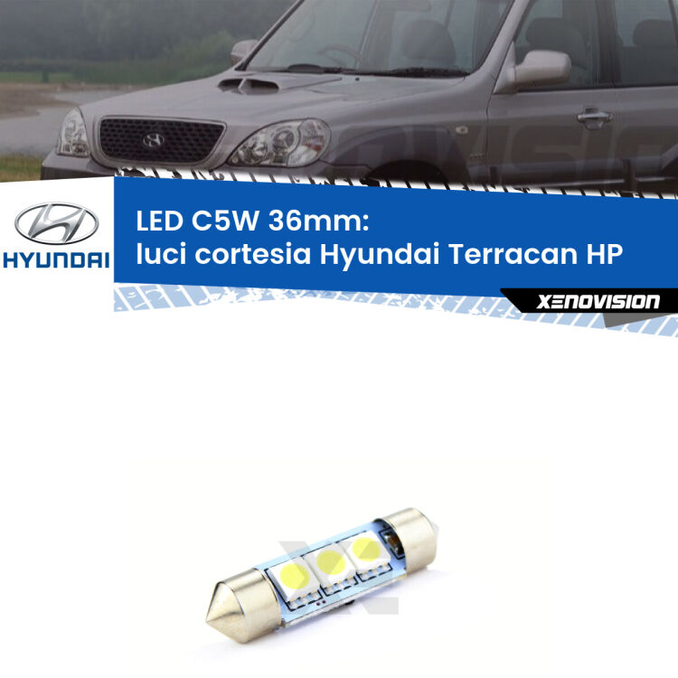 LED Luci Cortesia Hyundai Terracan HP 2001 - 2006. Una lampadina led innesto C5W 36mm canbus estremamente longeva.