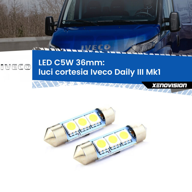 0 Luci Cortesia LED c5w 36mm Iveco Daily III Mk1 2014 - 2016 (Coppia) <strong>Luci Cortesia LED per Iveco Daily III</strong> Mk1 2014 - 2016. Coppia lampade <strong>C5W</strong> 36mm estremamente longeve.