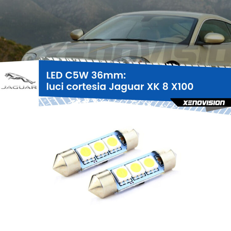 Luci Cortesia LED c5w 36mm Jaguar XK 8 X100 1996 - 2005 (Coppia) <strong>Luci Cortesia LED per Jaguar XK 8</strong> X100 1996 - 2005. Coppia lampade <strong>C5W</strong> 36mm estremamente longeve.