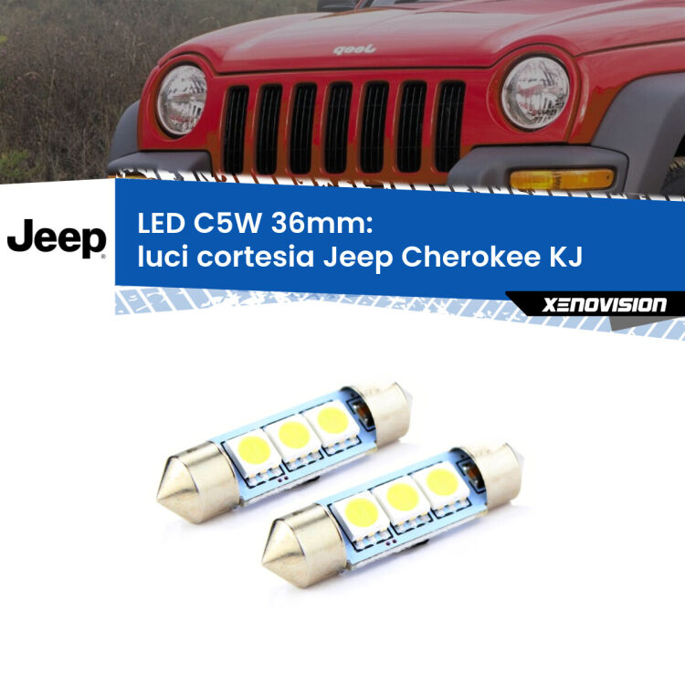 Luci Cortesia LED c5w 36mm Jeep Cherokee KJ 2002 - 2007 (Coppia) <strong>Luci Cortesia LED per Jeep Cherokee</strong> KJ 2002 - 2007. Coppia lampade <strong>C5W</strong> 36mm estremamente longeve.
