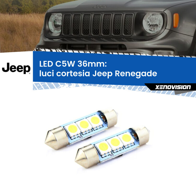 0 Luci Cortesia LED c5w 36mm Jeep Renegade 2014 in poi (Coppia) <strong>Luci Cortesia LED per Jeep Renegade</strong> 2014 in poi. Coppia lampade <strong>C5W</strong> 36mm estremamente longeve.