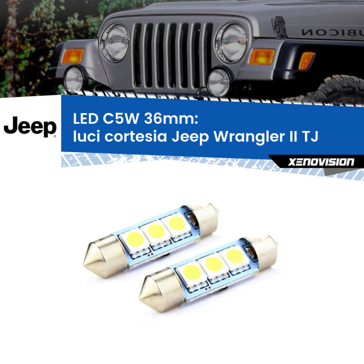 0 Luci Cortesia LED c5w 36mm Jeep Wrangler II TJ 1996 - 2005 (Coppia) <strong>Luci Cortesia LED per Jeep Wrangler II</strong> TJ 1996 - 2005. Coppia lampade <strong>C5W</strong> 36mm estremamente longeve.