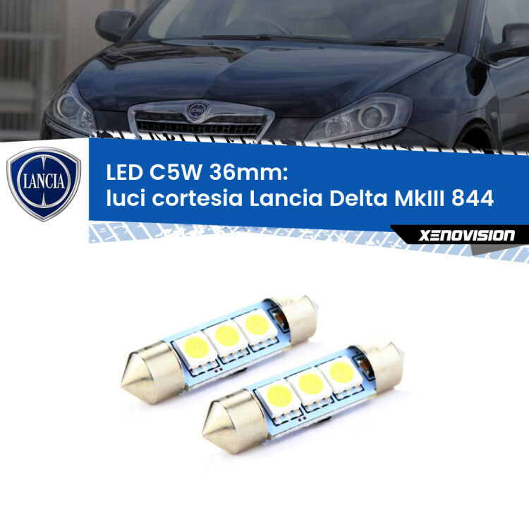 0 Luci Cortesia LED c5w 36mm Lancia Delta MkIII 844 2008 - 2014 (Coppia) <strong>Luci Cortesia LED per Lancia Delta MkIII</strong> 844 2008 - 2014. Coppia lampade <strong>C5W</strong> 36mm estremamente longeve.