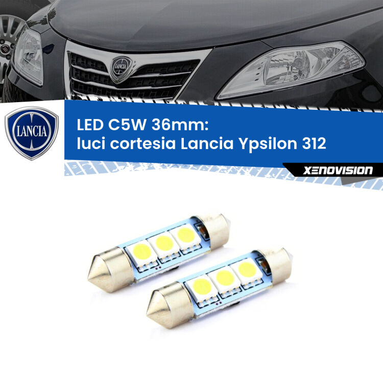 0 Luci Cortesia LED c5w 36mm Lancia Ypsilon II 312 2011 in poi (Coppia) <strong>Luci Cortesia LED per Lancia Ypsilon</strong> II 312 2011 in poi. Coppia lampade <strong>C5W</strong> 36mm estremamente longeve.