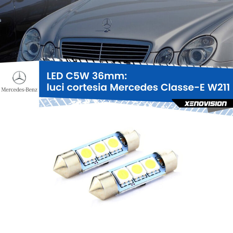 0 Luci Cortesia LED c5w 36mm Mercedes Classe-E W211 2002 - 2009 (Coppia) <strong>Luci Cortesia LED per Mercedes Classe-E</strong> W211 2002 - 2009. Coppia lampade <strong>C5W</strong> 36mm estremamente longeve.