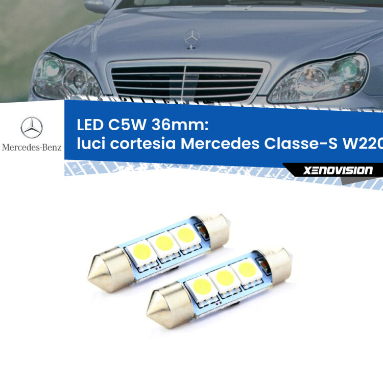 0 Luci Cortesia LED c5w 36mm Mercedes Classe-S W220 1998 - 2005 (Coppia) <strong>Luci Cortesia LED per Mercedes Classe-S</strong> W220 1998 - 2005. Coppia lampade <strong>C5W</strong> 36mm estremamente longeve.