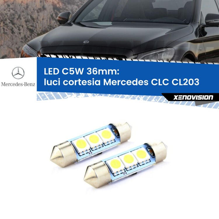Luci Cortesia LED c5w 36mm Mercedes CLC CL203 anteriori (Coppia) <strong>Luci Cortesia LED per Mercedes CLC</strong> CL203 anteriori. Coppia lampade <strong>C5W</strong> 36mm estremamente longeve.