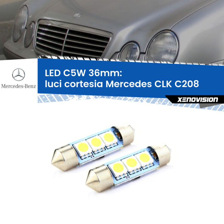 0 Luci Cortesia LED c5w 36mm Mercedes CLK C208 1997 - 2002 (Coppia) <strong>Luci Cortesia LED per Mercedes CLK</strong> C208 1997 - 2002. Coppia lampade <strong>C5W</strong> 36mm estremamente longeve.