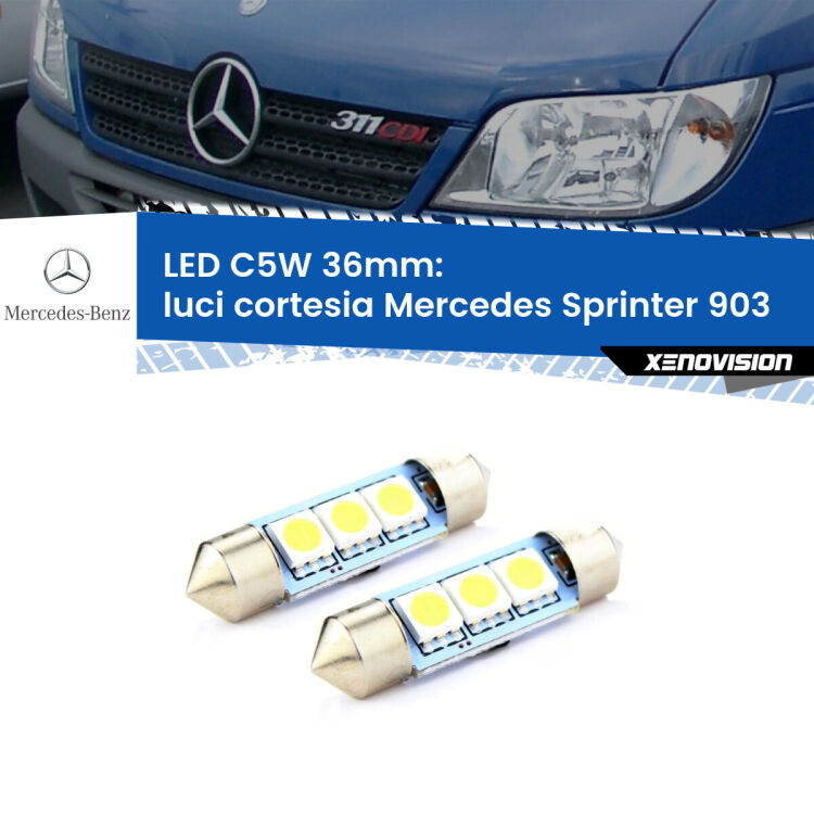 0 Luci Cortesia LED c5w 36mm Mercedes Sprinter 903 1995 - 2006 (Coppia) <strong>Luci Cortesia LED per Mercedes Sprinter</strong> 903 1995 - 2006. Coppia lampade <strong>C5W</strong> 36mm estremamente longeve.