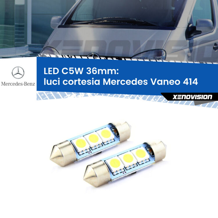 0 Luci Cortesia LED c5w 36mm Mercedes Vaneo 414 2002 - 2005 (Coppia) <strong>Luci Cortesia LED per Mercedes Vaneo</strong> 414 2002 - 2005. Coppia lampade <strong>C5W</strong> 36mm estremamente longeve.