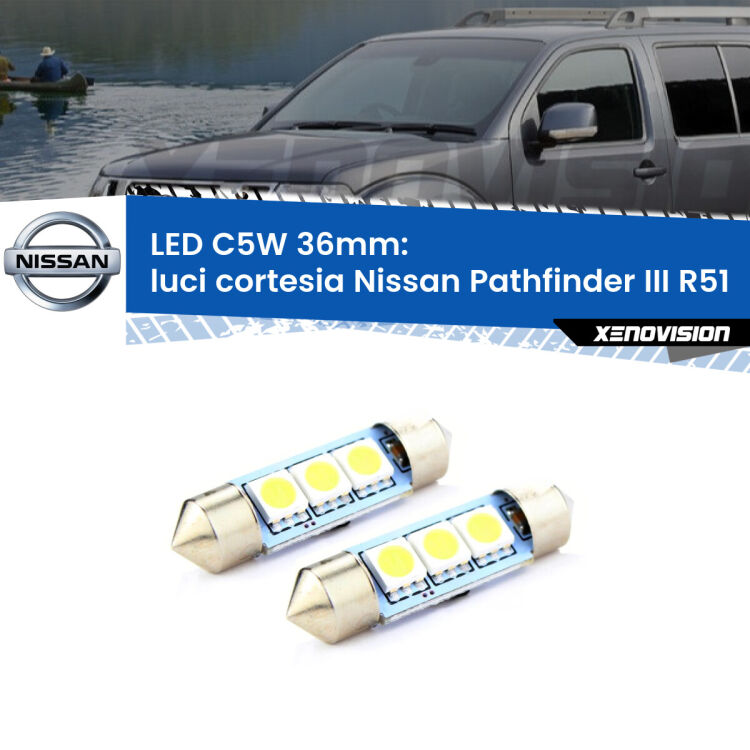 0 Luci Cortesia LED c5w 36mm Nissan Pathfinder III R51 2005 - 2011 (Coppia) <strong>Luci Cortesia LED per Nissan Pathfinder III</strong> R51 2005 - 2011. Coppia lampade <strong>C5W</strong> 36mm estremamente longeve.