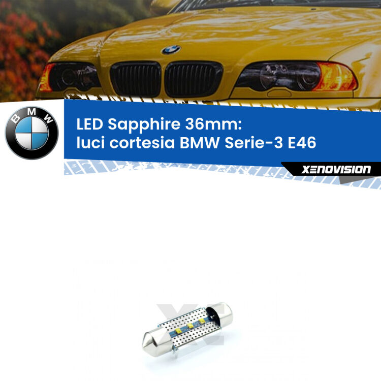 <strong>LED luci cortesia 36mm per BMW Serie-3</strong> E46 anteriori. Lampade <strong>c5W</strong> modello Sapphire Xenovision con chip led Philips.
