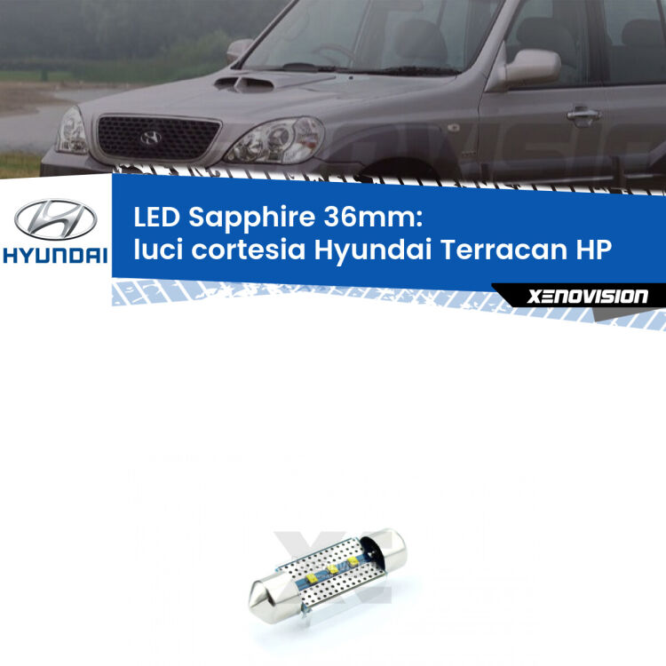 <strong>LED luci cortesia 36mm per Hyundai Terracan</strong> HP 2001 - 2006. Lampade <strong>c5W</strong> modello Sapphire Xenovision con chip led Philips.