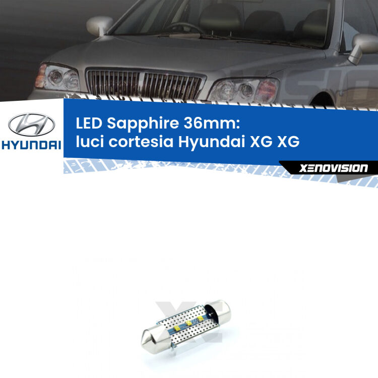 0 Luci Cortesia LED c5w 36mm per Hyundai XG XG 1998 - 2005 <strong>LED luci cortesia 36mm per Hyundai XG</strong> XG 1998 - 2005. Lampade <strong>c5W</strong> modello Sapphire Xenovision con chip led Philips.