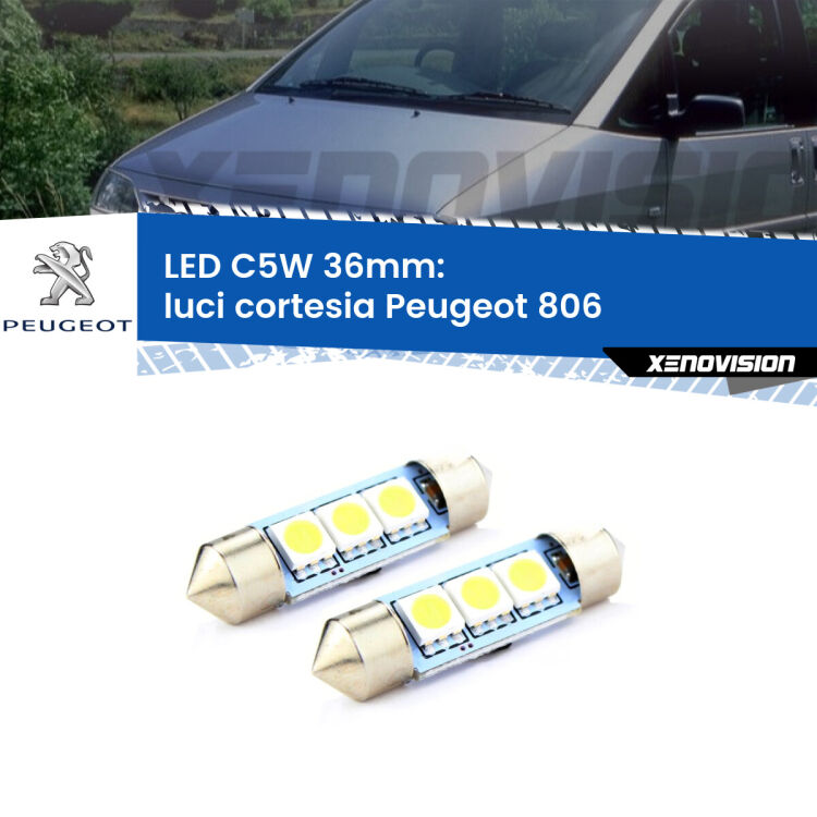 0 Luci Cortesia LED c5w 36mm Peugeot 806 posteriori (Coppia) <strong>Luci Cortesia LED per Peugeot 806</strong> posteriori. Coppia lampade <strong>C5W</strong> 36mm estremamente longeve.